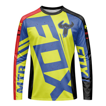 Neon Yellow Blue Red Long Sleeve Mountain Bike Jersey – Front View Mockup
