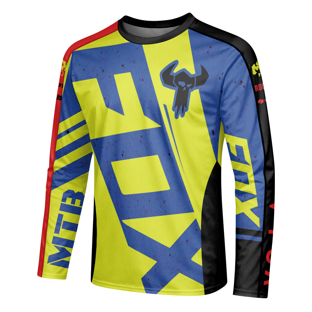 Neon Yellow Blue Red Long Sleeve Mountain Bike Jersey – Left Side View Mockup
