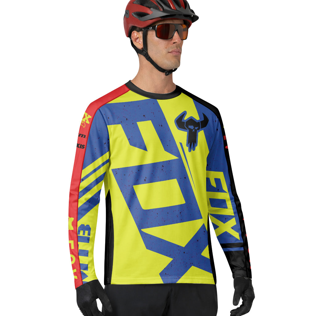 Neon Yellow Blue Red Long Sleeve Mountain Bike Jersey – Lifestyle View