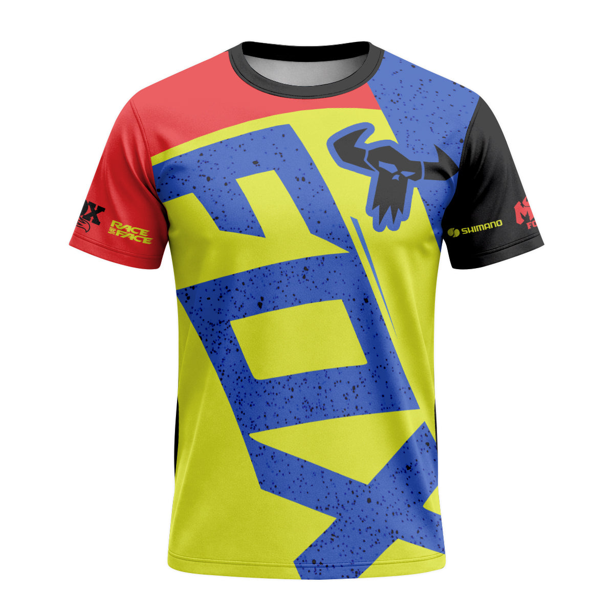 Neon Yellow Blue Red Short Sleeve Mountain Bike Jersey – Front View Mockup