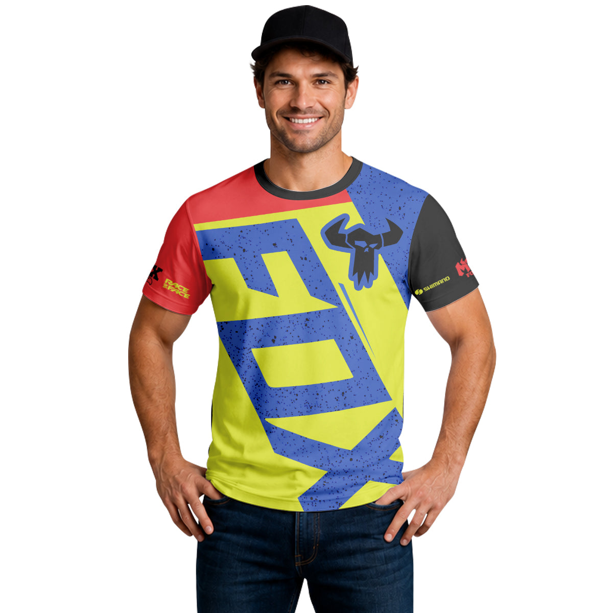 Neon Yellow Blue Red Short Sleeve Mountain Bike Jersey – Lifestyle View