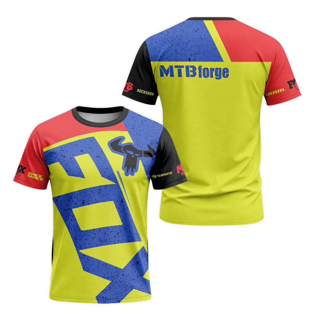 Neon Yellow Blue Red Short Sleeve Mountain Bike Jersey – Front and Back View