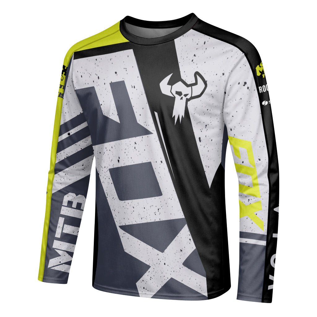 Neon Yellow Gray Long Sleeve Mountain Bike Jersey – Left Side View Mockup