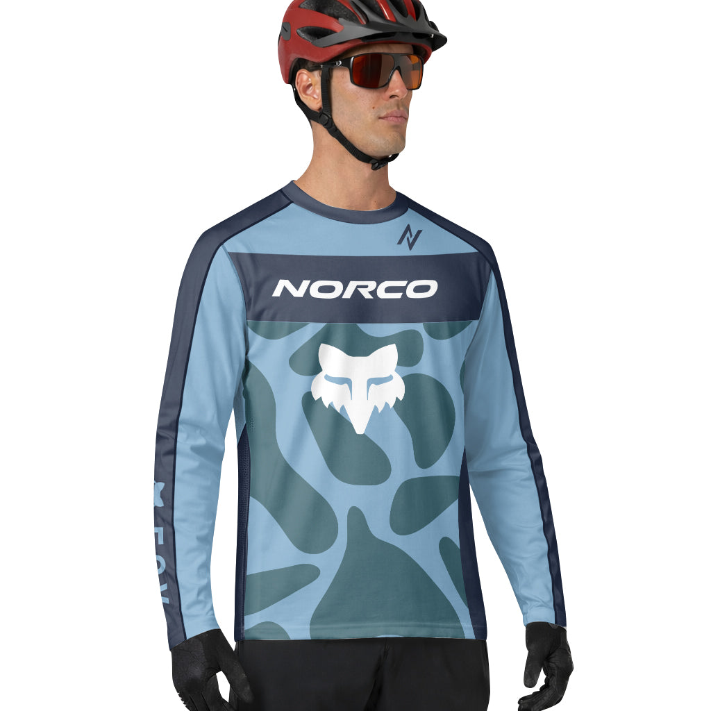 Norco Fox Blue Camo Long Sleeve Mountain Bike Jersey - lifestyle view