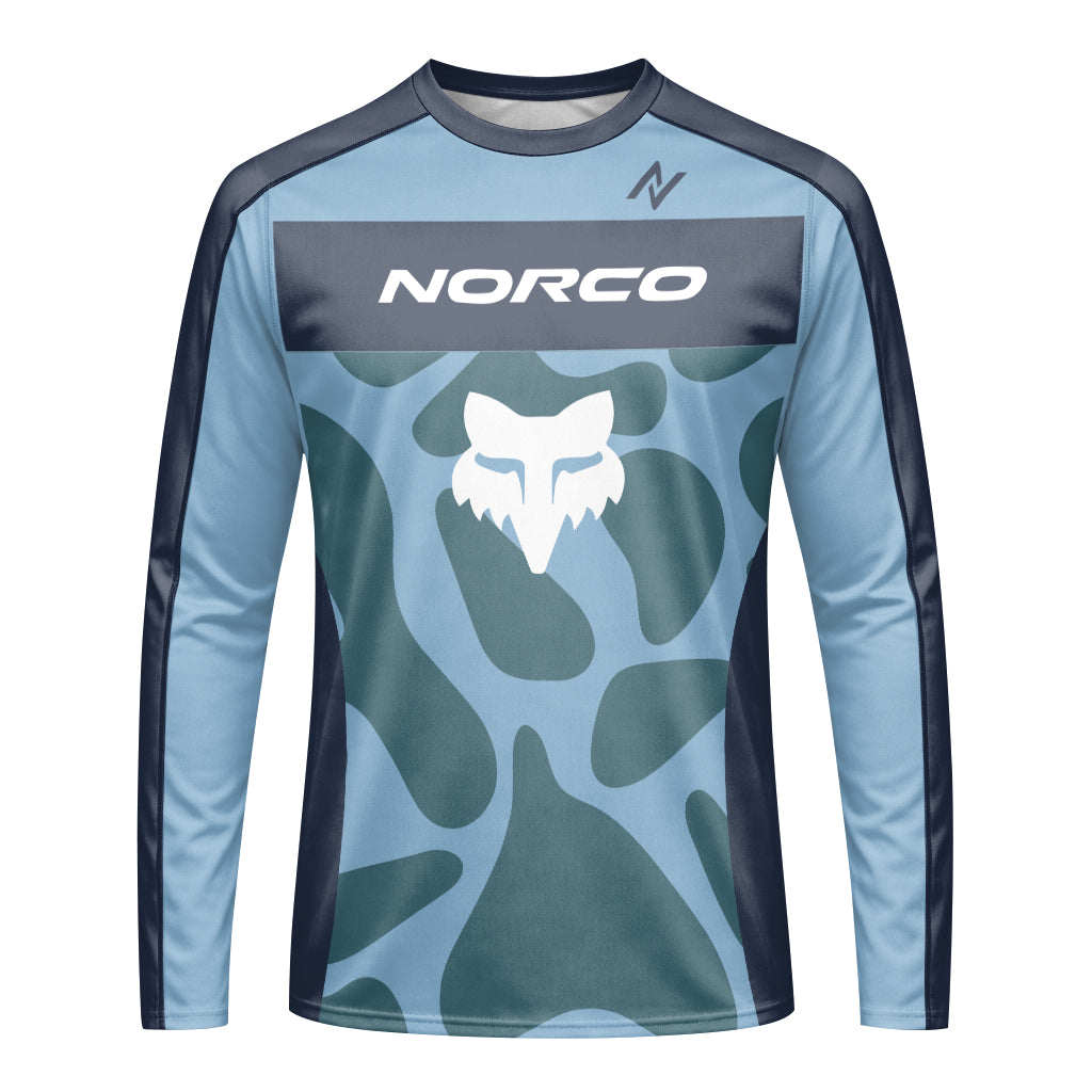 Norco Fox Blue Camo Long Sleeve Mountain Bike Jersey - front view mockup