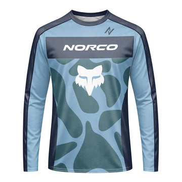 Norco Fox Blue Camo Long Sleeve Mountain Bike Jersey - front view mockup