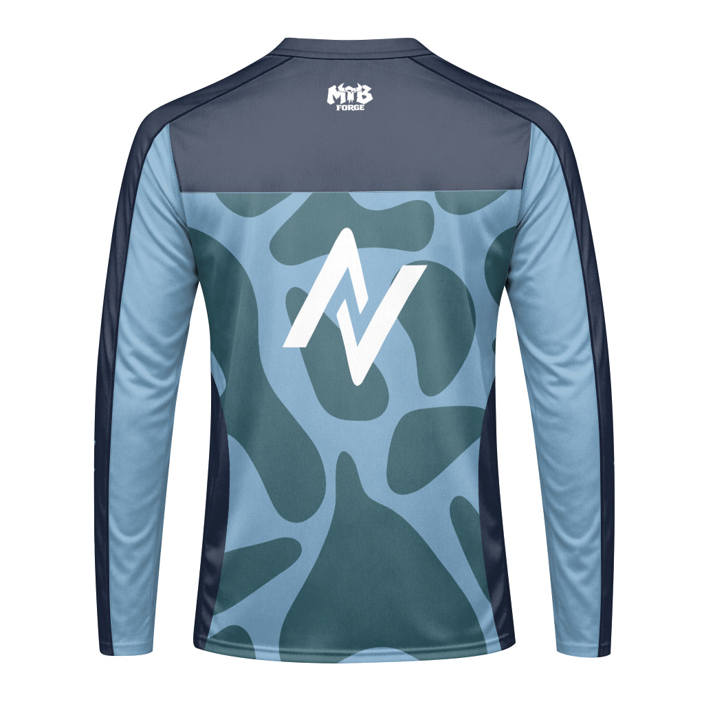 Norco Fox Blue Camo Long Sleeve Mountain Bike Jersey - back view mockup