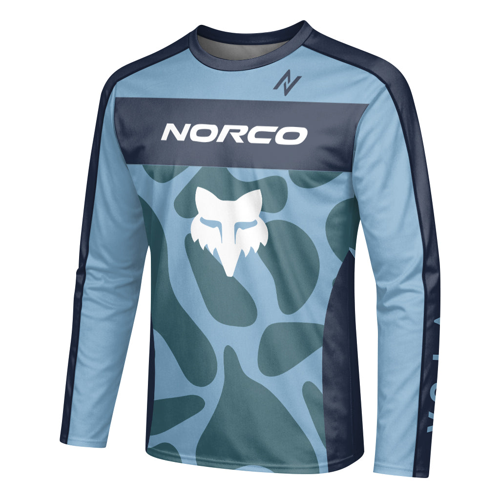 Norco Fox Blue Camo Long Sleeve Mountain Bike Jersey - left side mockup