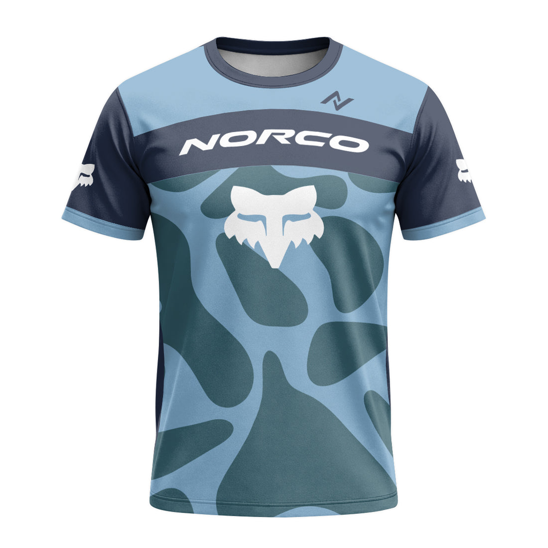 Norco Fox Blue Camo Short Sleeve Mountain Bike Jersey - front and back view