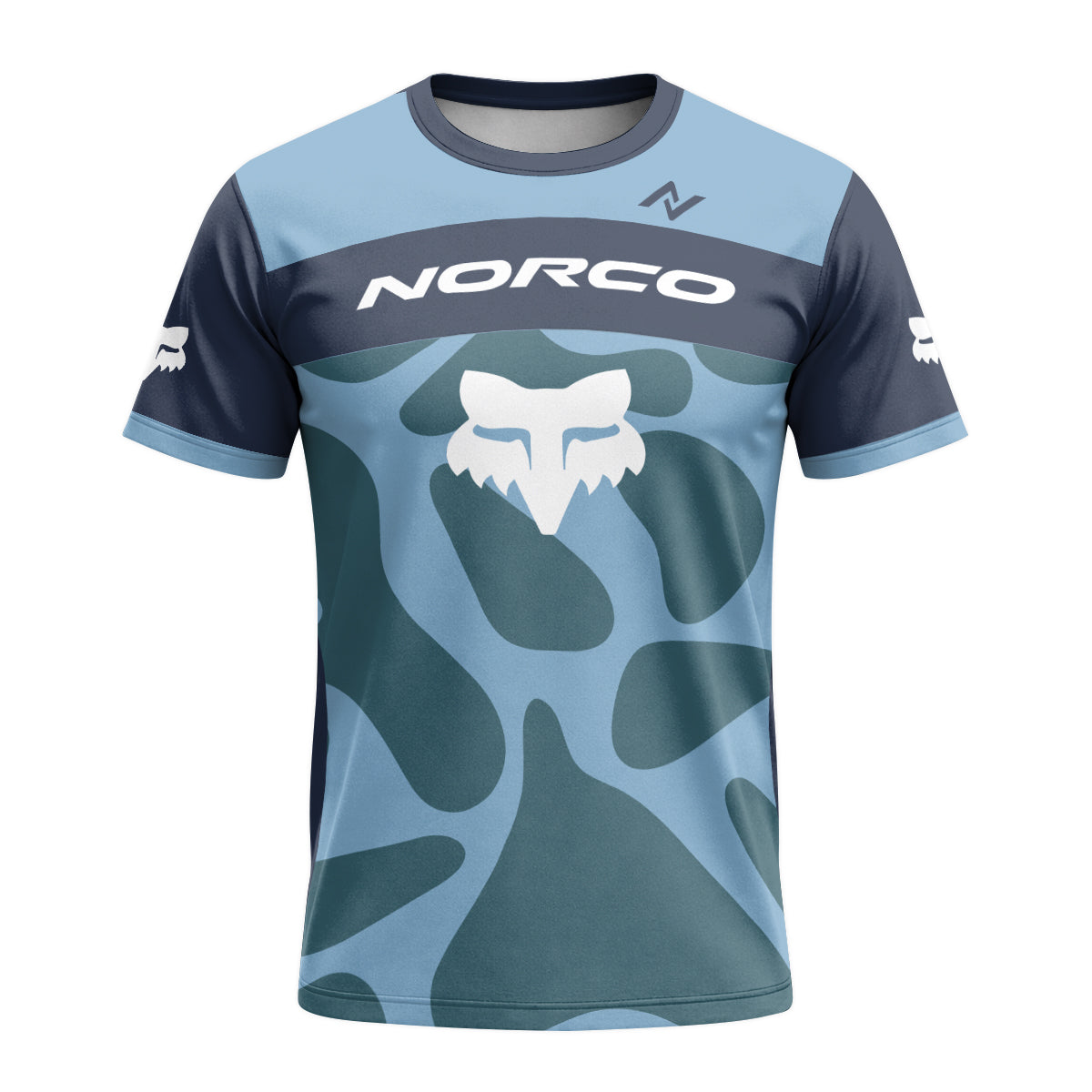 Norco Fox Blue Camo Short Sleeve Mountain Bike Jersey - front view mockup