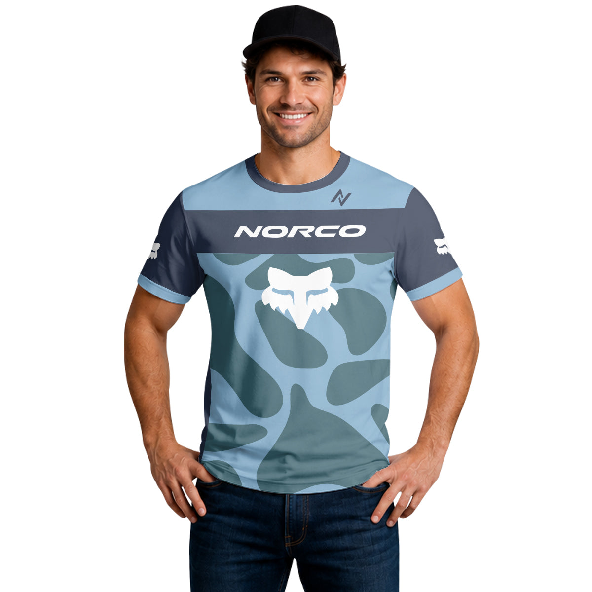 Norco Fox Blue Camo Short Sleeve Mountain Bike Jersey - lifestyle view