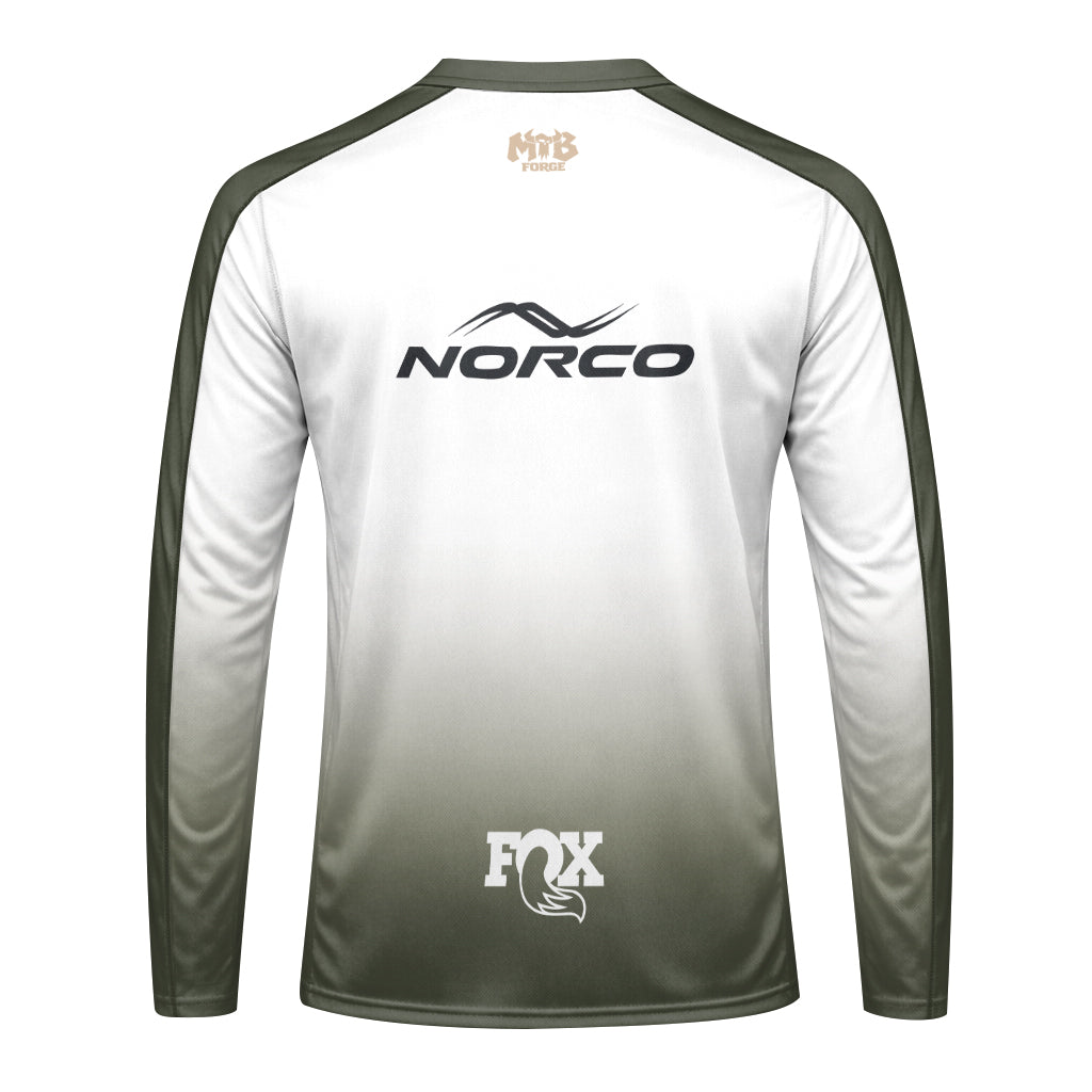 Norco Race Division Fox White Olive Long Sleeve Mountain Bike Jersey - back view mockup