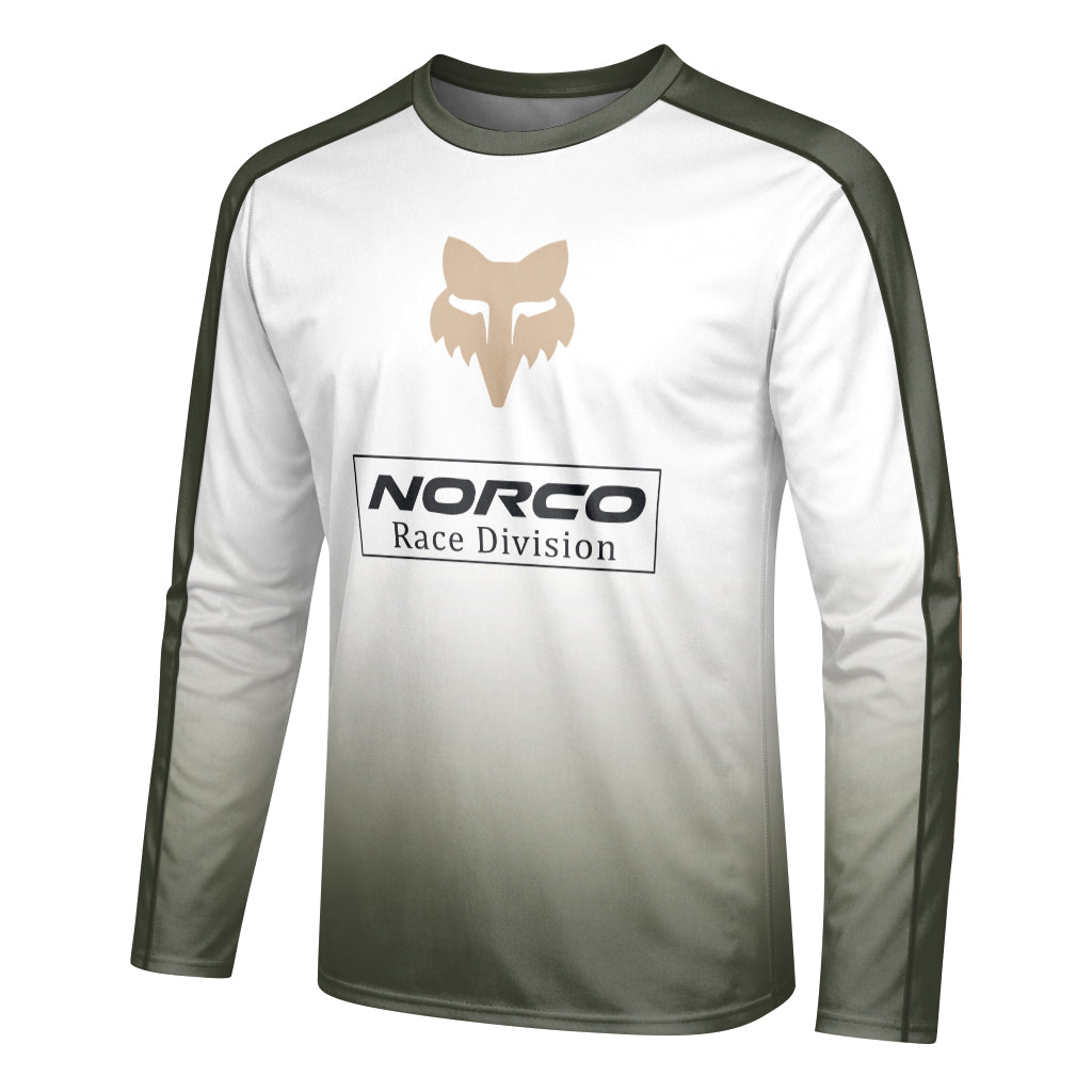 Norco Race Division Fox White Olive Long Sleeve Mountain Bike Jersey - left side mockup