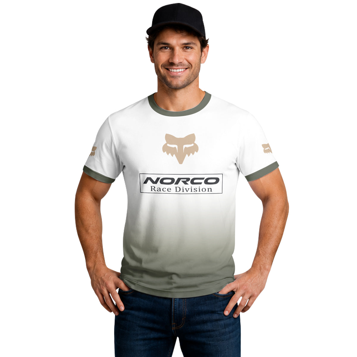 Norco Race Division Fox White Olive Short Sleeve Mountain Bike Jersey - lifestyle view