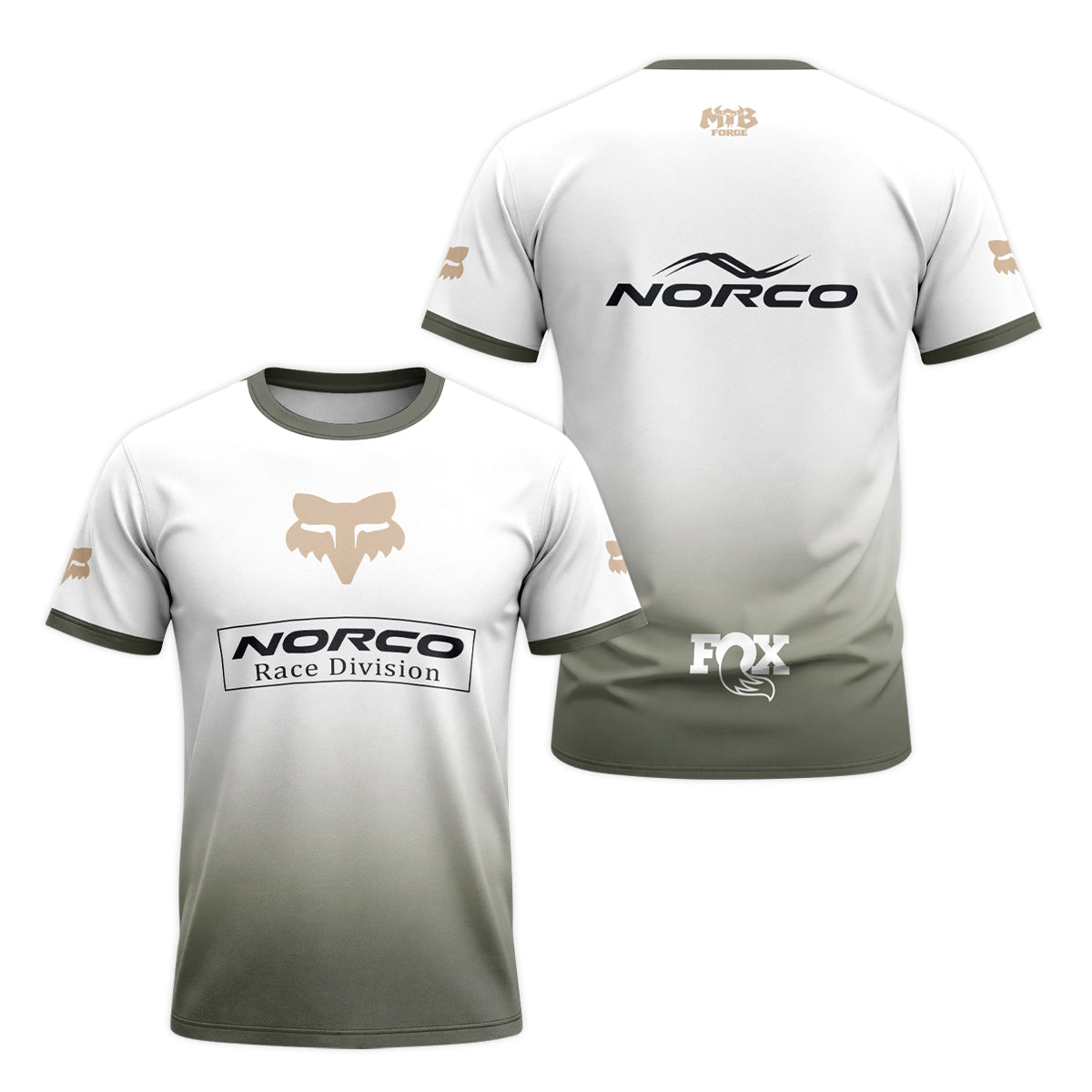 Norco Race Division Fox White Olive Short Sleeve Mountain Bike Jersey - front and back view