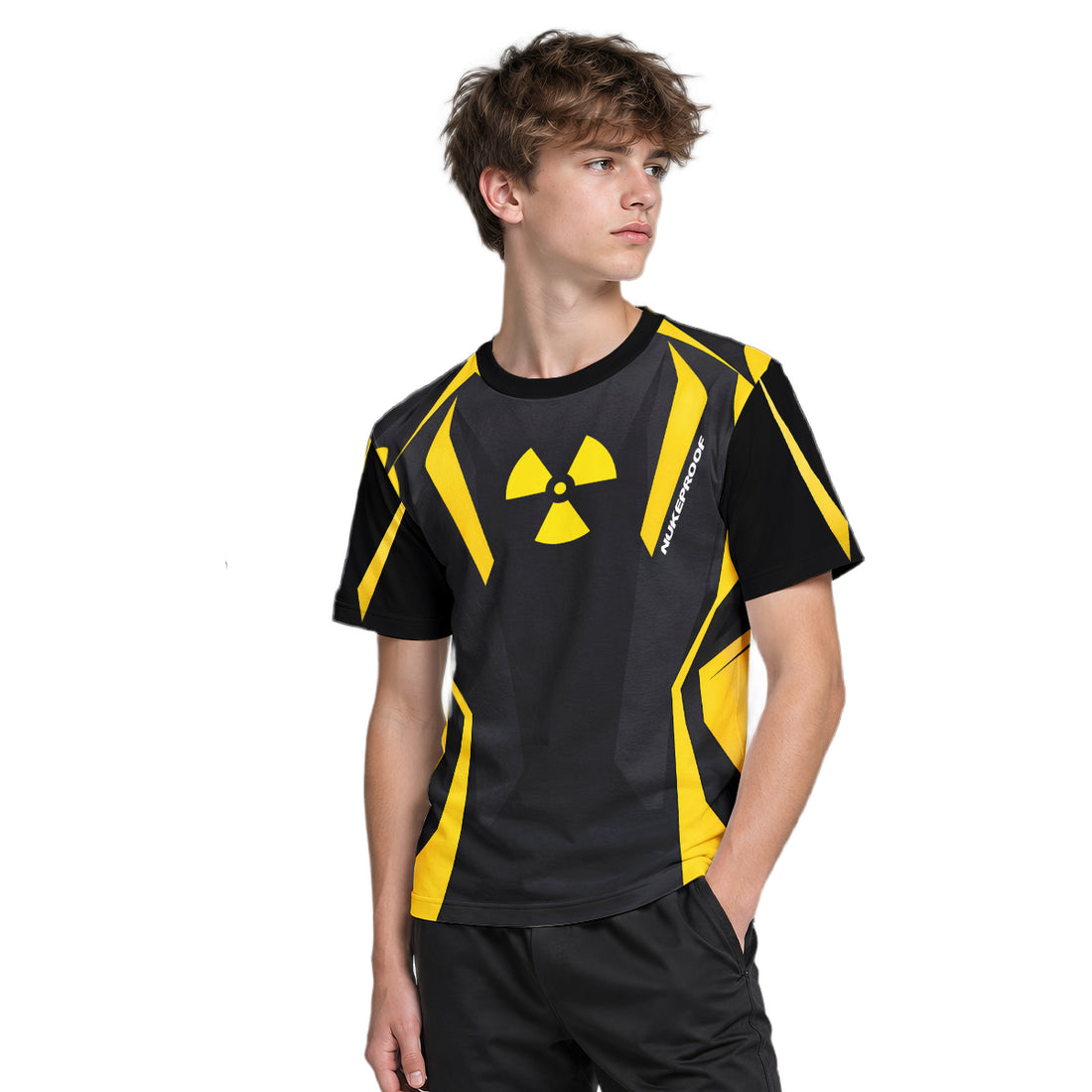 Nukeproof Black Yellow Youth Short Sleeve Mountain Bike Jersey – Boy Lifestyle View