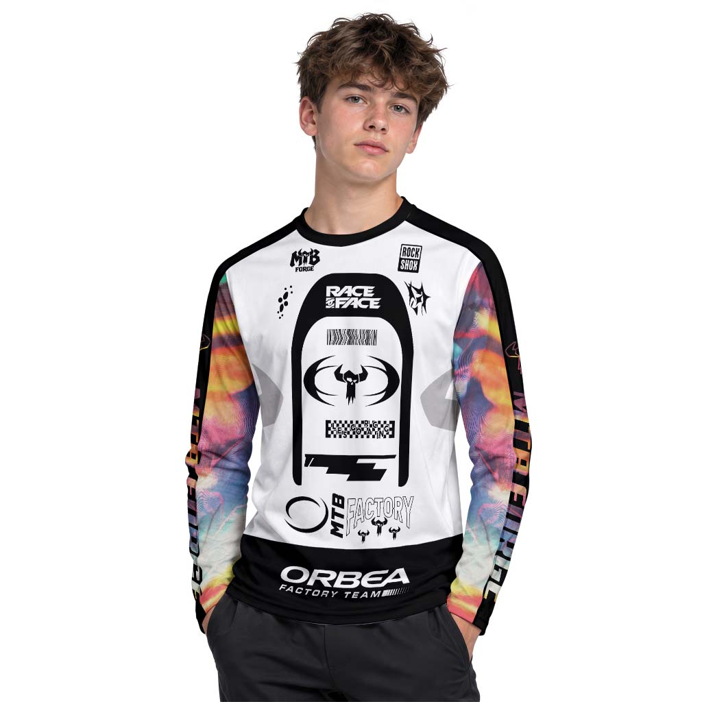 Orbea Factory Team Black White Youth Long Sleeve Mountain Bike Jersey – Boy Lifestyle View