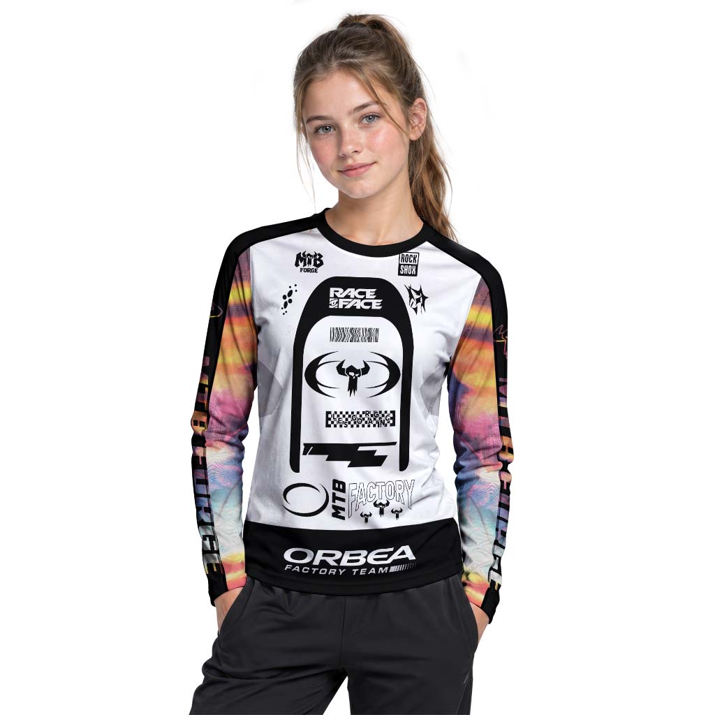 Orbea Factory Team Black White Youth Long Sleeve Mountain Bike Jersey – Girl Lifestyle View
