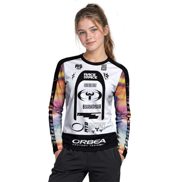 Orbea Factory Team Black White Youth Long Sleeve Mountain Bike Jersey – Girl Lifestyle View