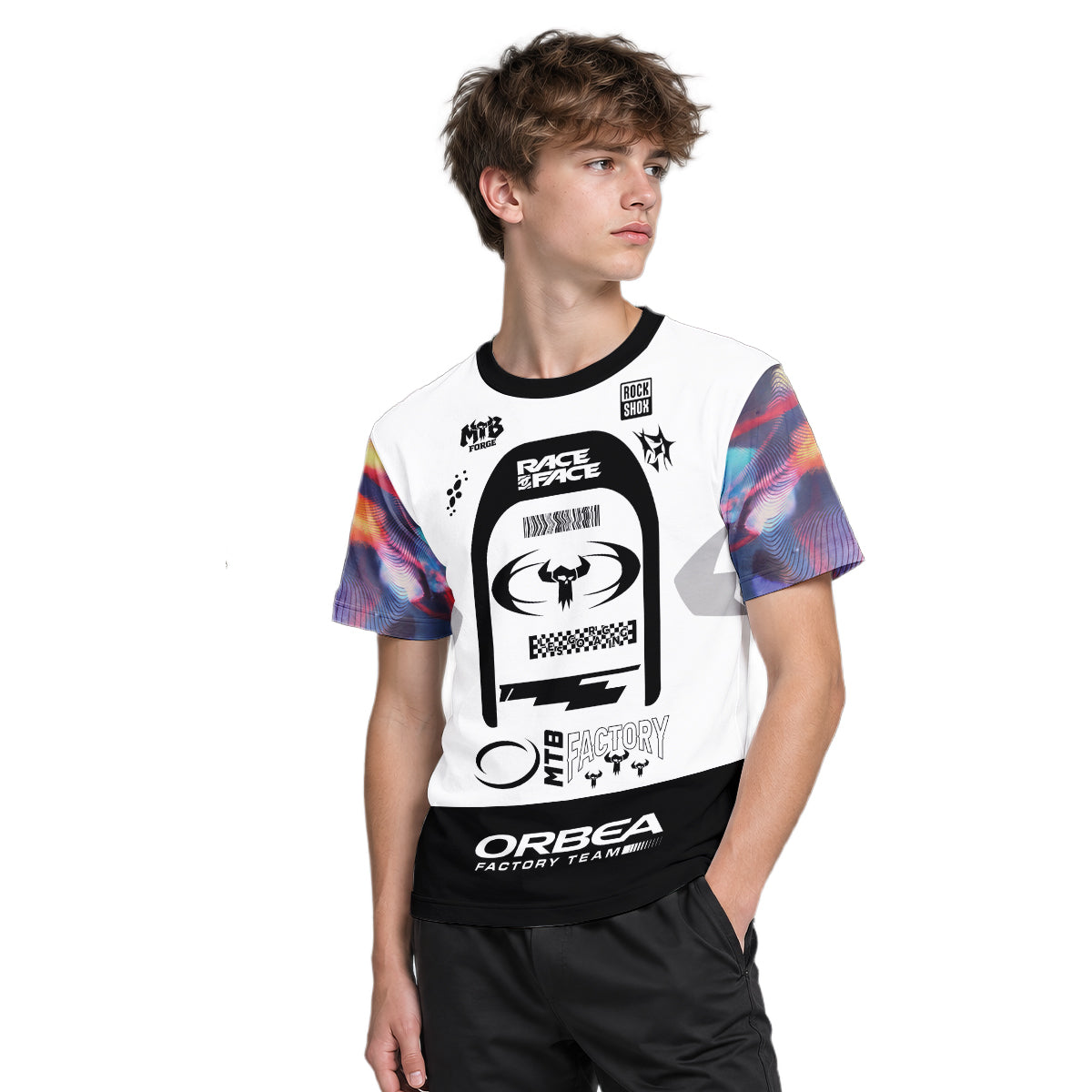 Orbea Factory Team Black White Youth Short Sleeve Mountain Bike Jersey – Boy Lifestyle View