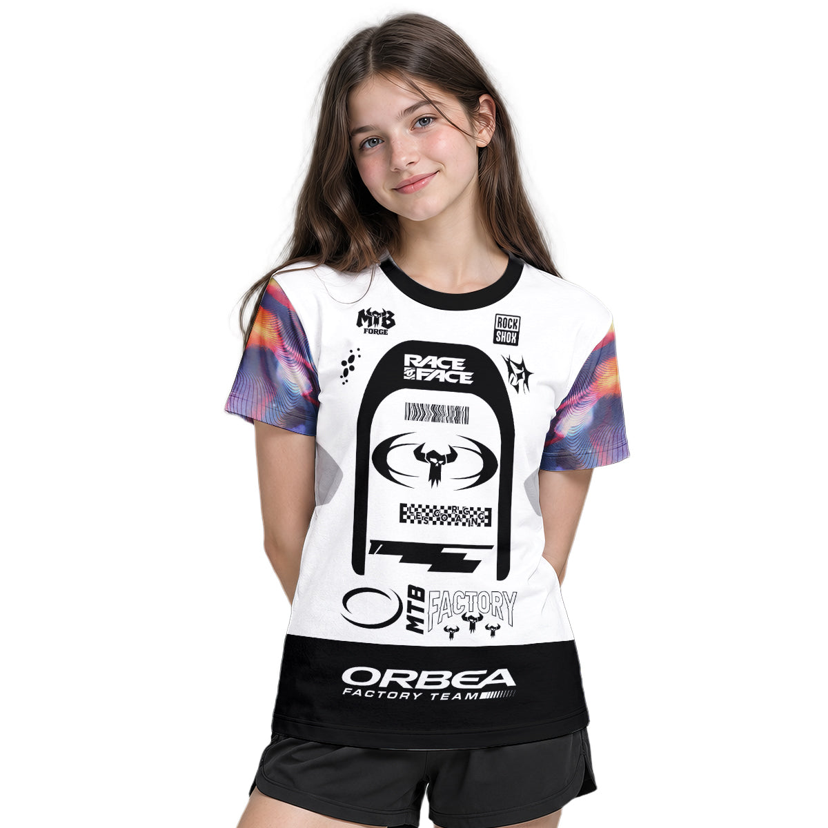 Orbea Factory Team Black White Youth Short Sleeve Mountain Bike Jersey – Girl Lifestyle View