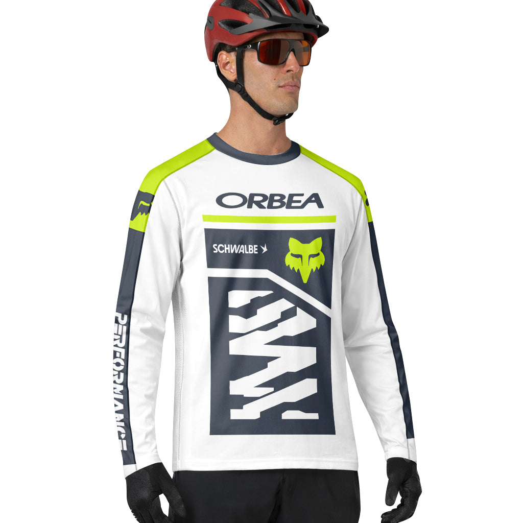 Orbea Fox White Gray Neon Yellow Long Sleeve Mountain Bike Jersey - lifestyle view