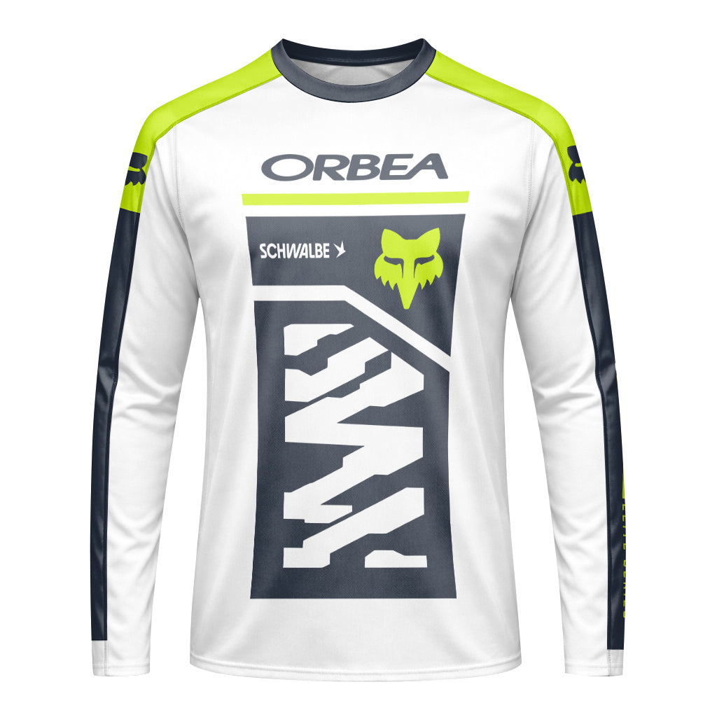 Orbea Fox White Gray Neon Yellow Long Sleeve Mountain Bike Jersey - front view mockup