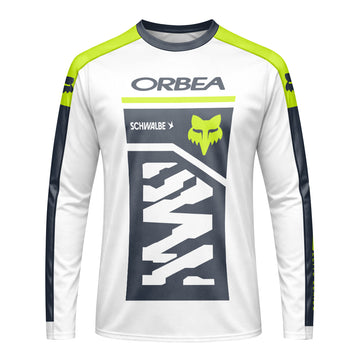 Orbea Fox White Gray Neon Yellow Long Sleeve Mountain Bike Jersey - front view mockup