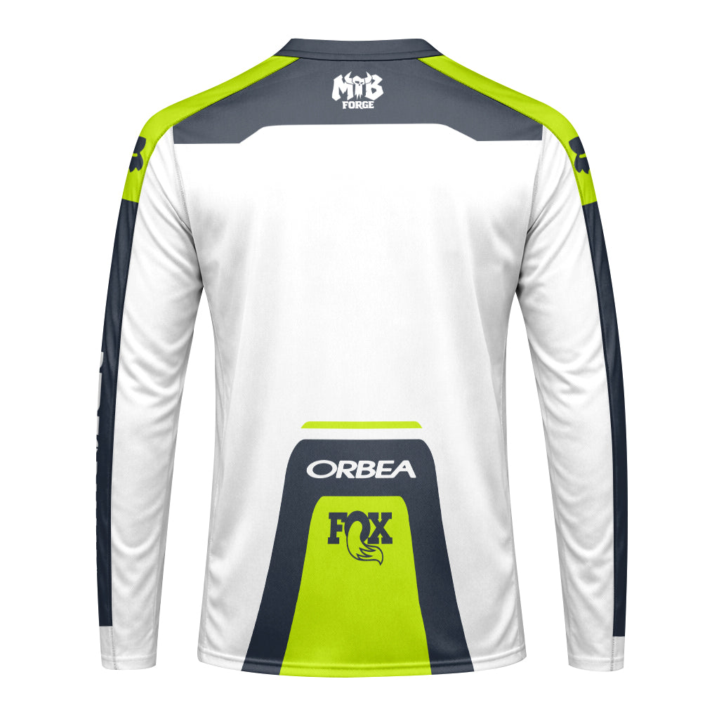 Orbea Fox White Gray Neon Yellow Long Sleeve Mountain Bike Jersey - back view mockup