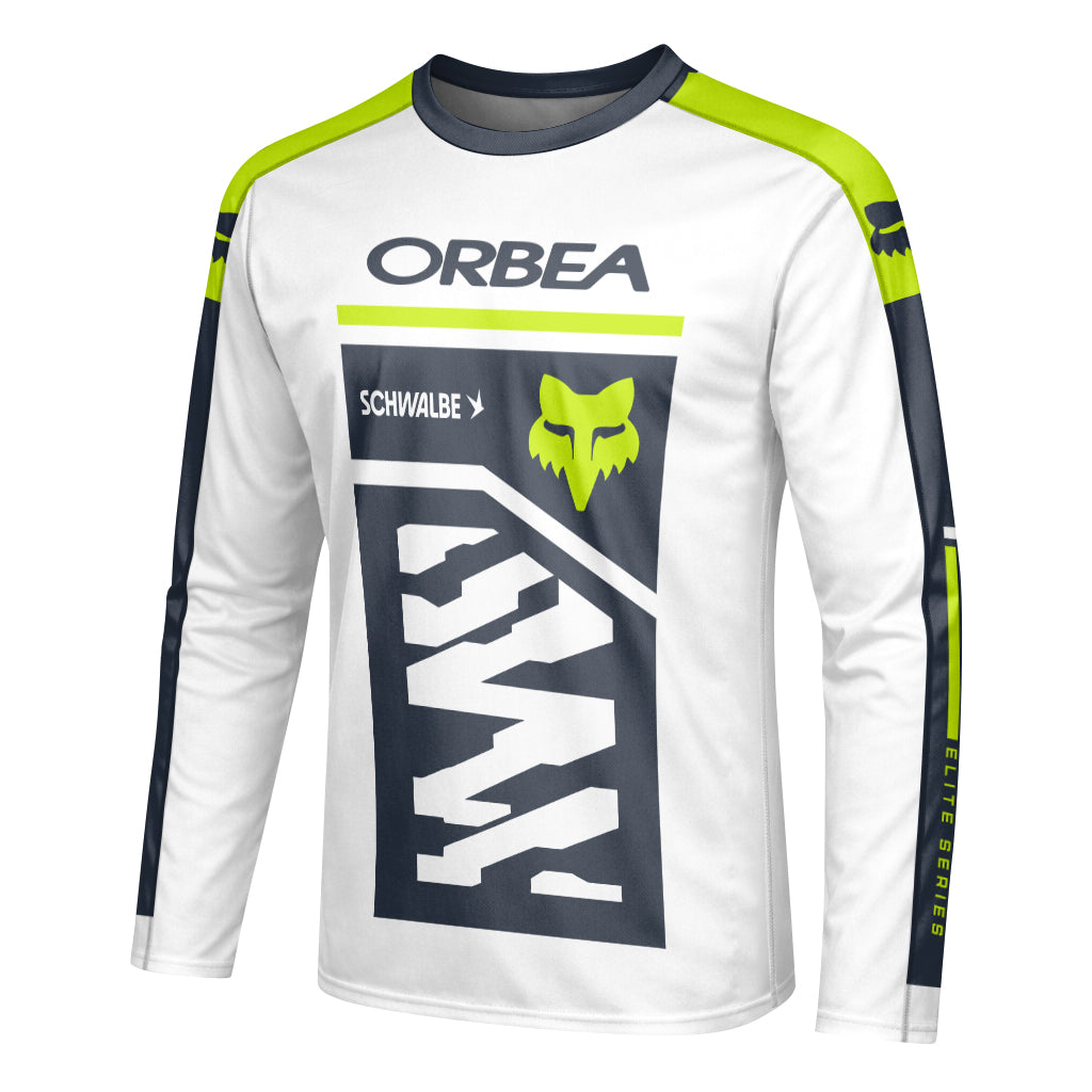 Orbea Fox White Gray Neon Yellow Long Sleeve Mountain Bike Jersey - left side mockup