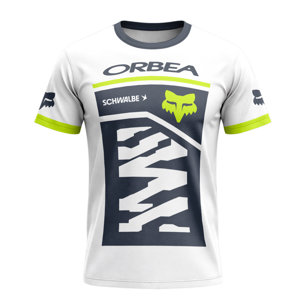 Orbea Fox White Gray Neon Yellow Short Sleeve Mountain Bike Jersey - front view mockup