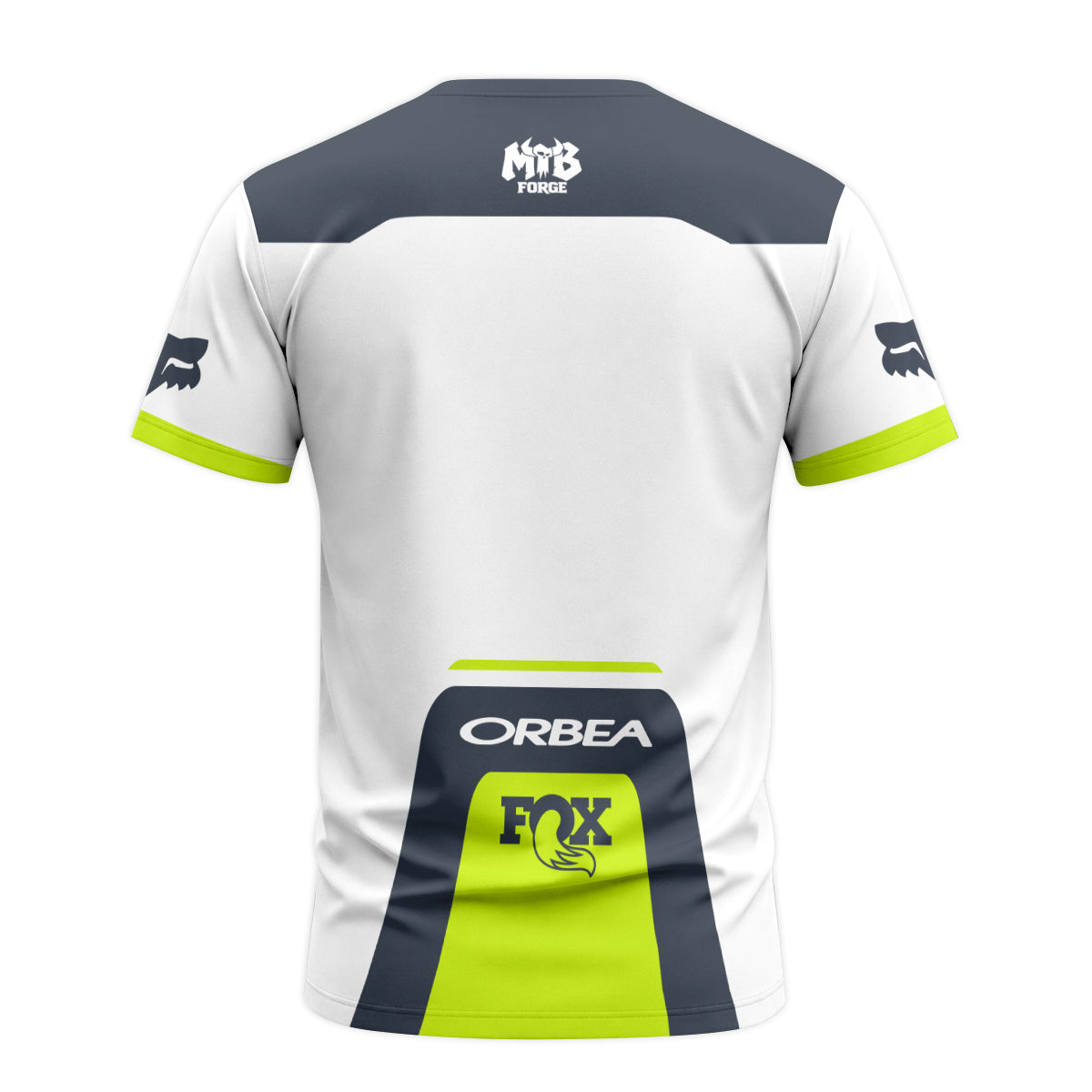 Orbea Fox White Gray Neon Yellow Short Sleeve Mountain Bike Jersey - back view mockup