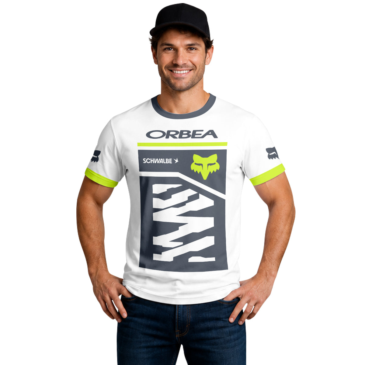 Orbea Fox White Gray Neon Yellow Short Sleeve Mountain Bike Jersey - lifestyle view