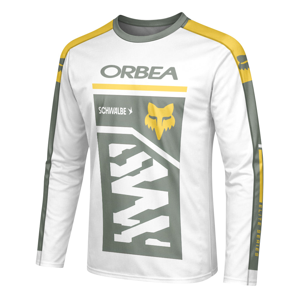 Orbea Fox White Gray Yellow Factory Race Long Sleeve Mountain Bike Jersey - left side mockup