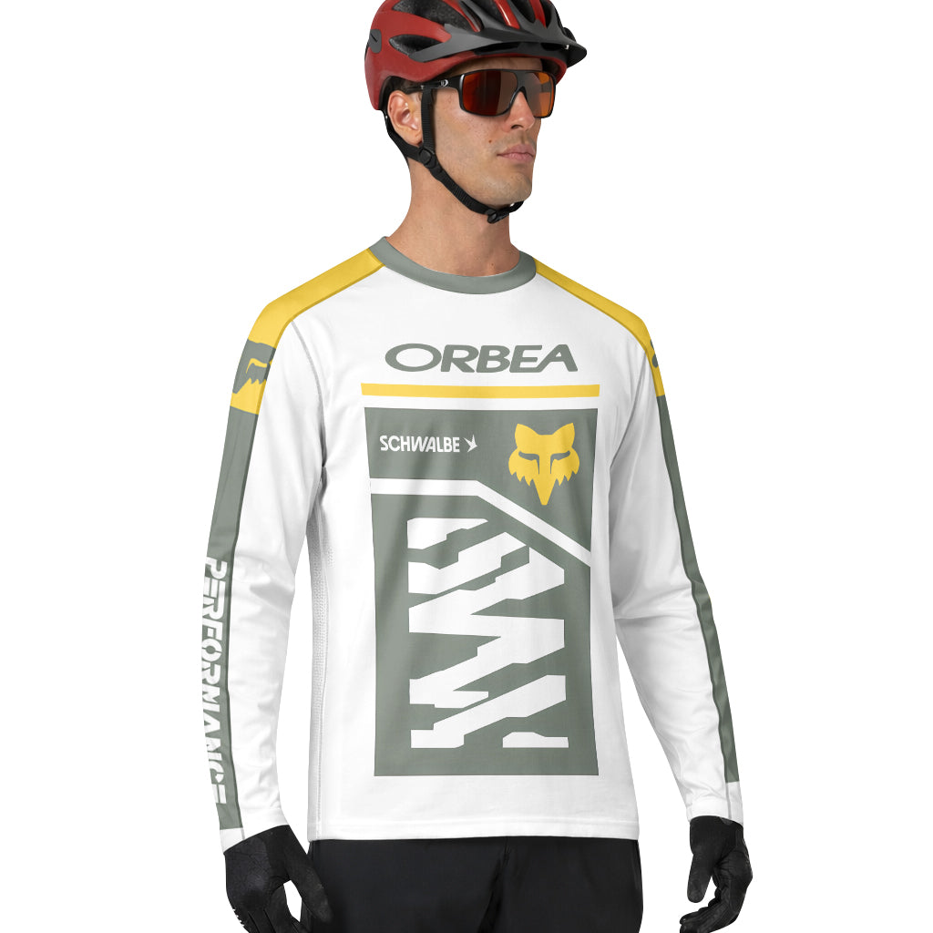 Orbea Fox White Gray Yellow Factory Race Long Sleeve Mountain Bike Jersey - lifestyle view
