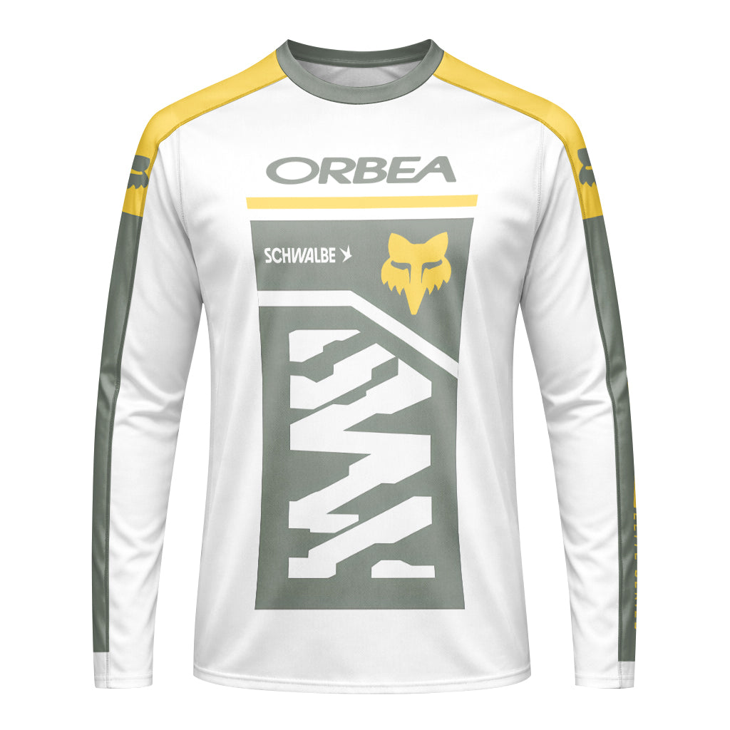 Orbea Fox White Gray Yellow Factory Race Long Sleeve Mountain Bike Jersey - front view mockup