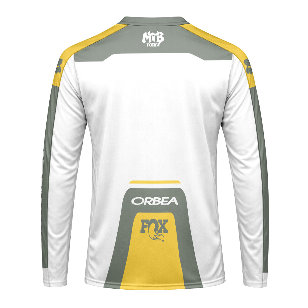 Orbea Fox White Gray Yellow Factory Race Long Sleeve Mountain Bike Jersey - back view mockup