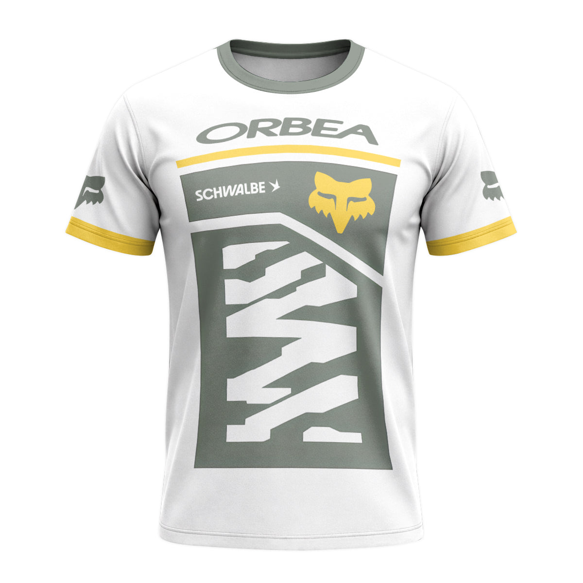 Orbea Fox White Gray Yellow Factory Race Short Sleeve Mountain Bike Jersey - front view mockup