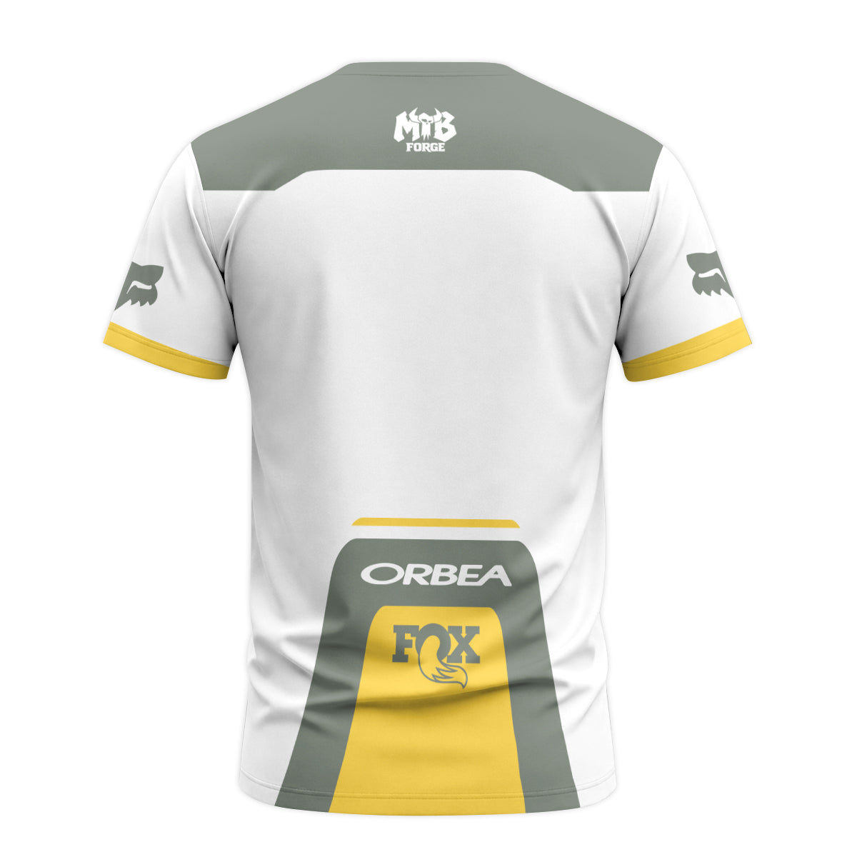 Orbea Fox White Gray Yellow Factory Race Short Sleeve Mountain Bike Jersey - back view mockup