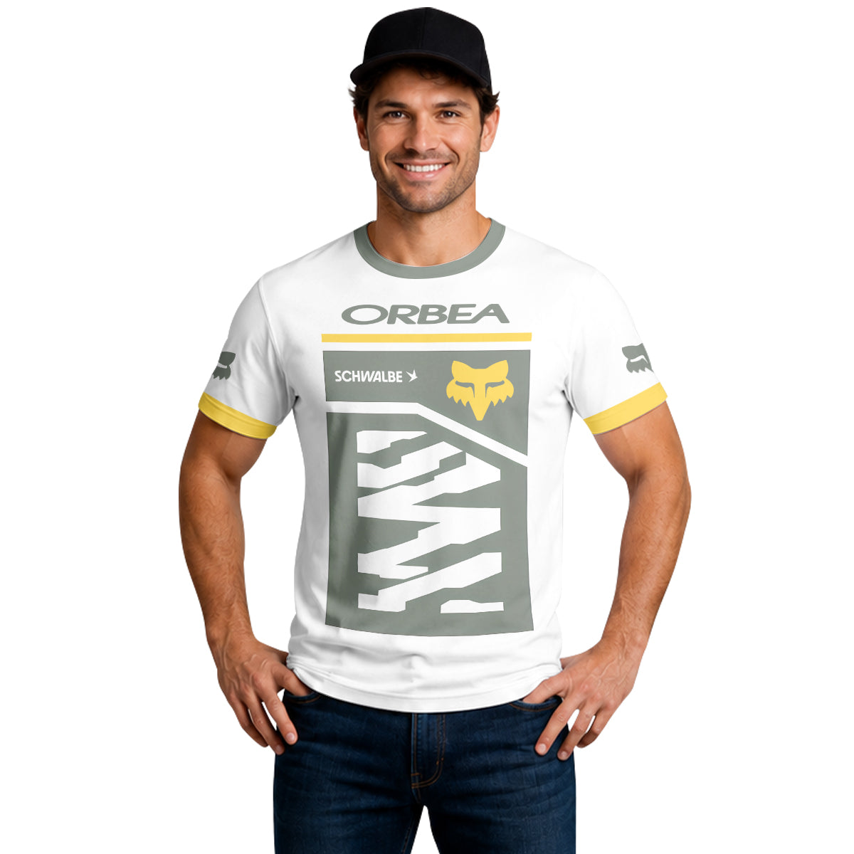 Orbea Fox White Gray Yellow Factory Race Short Sleeve Mountain Bike Jersey - lifestyle view