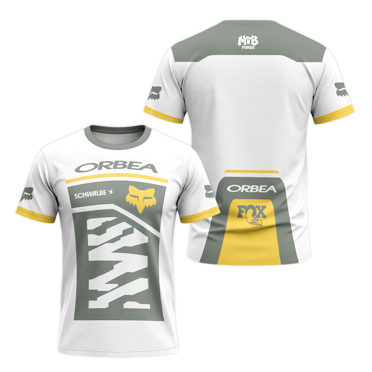 Orbea Fox White Gray Yellow Factory Race Short Sleeve Mountain Bike Jersey - front and back view