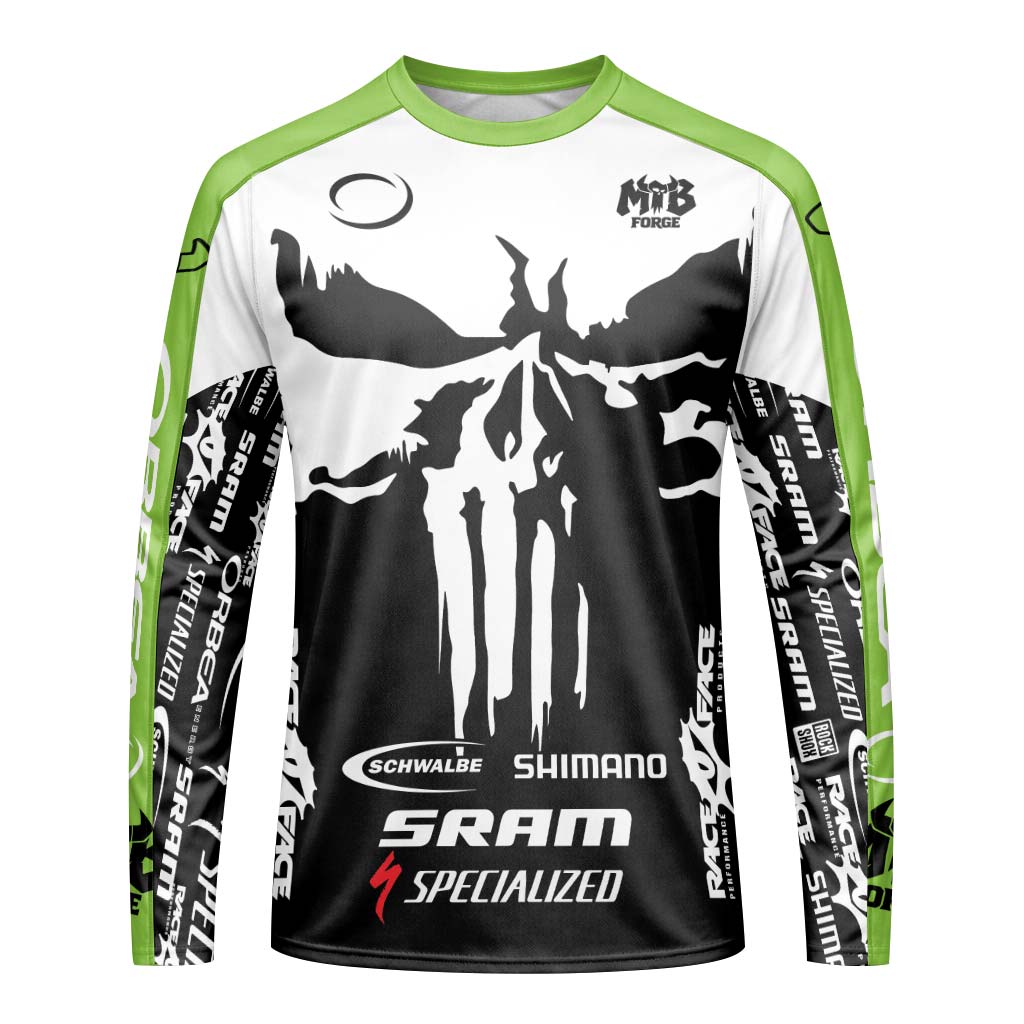 Orbea Skull Black White Green Long Sleeve Mountain Bike Jersey – Front View Mockup