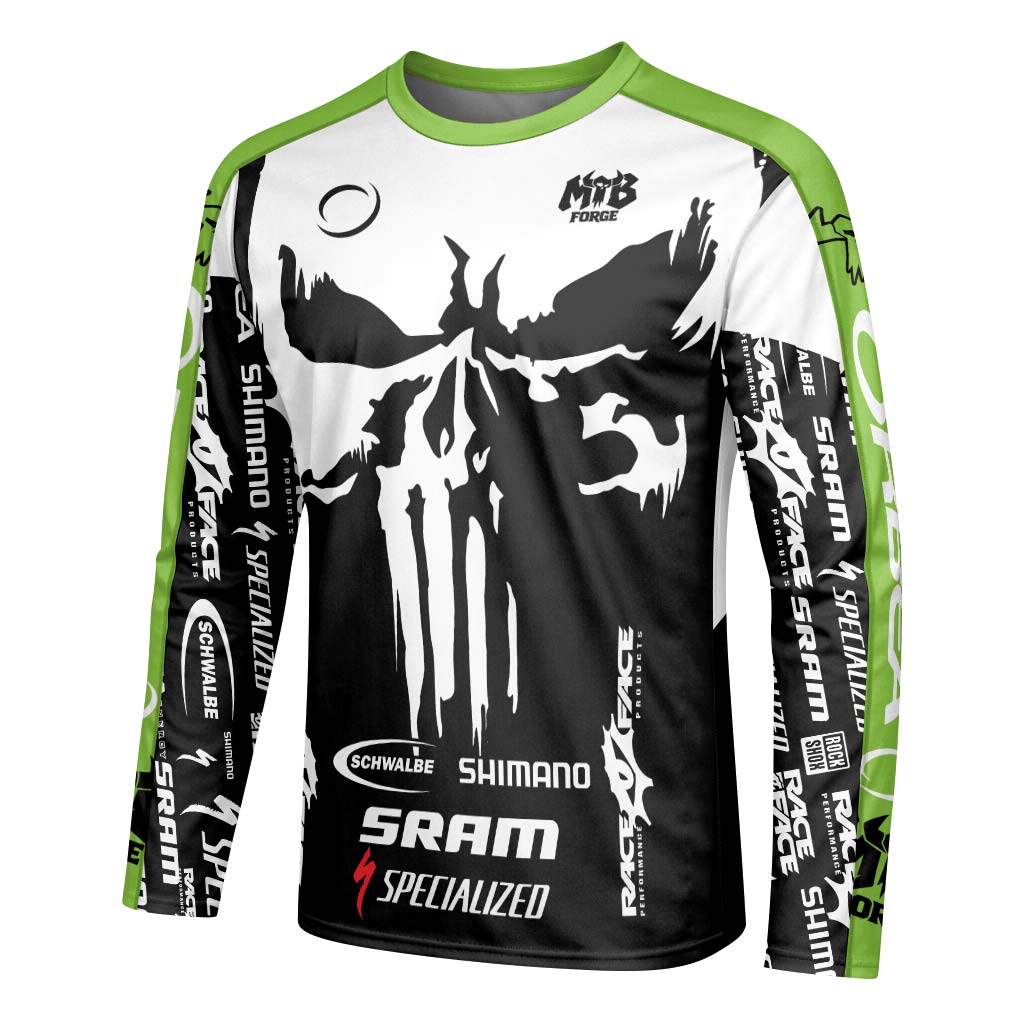 Orbea Skull Black White Green Long Sleeve Mountain Bike Jersey – Left Side View Mockup
