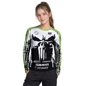 Orbea Skull Black White Green Youth Long Sleeve Mountain Bike Jersey – Girl Lifestyle View