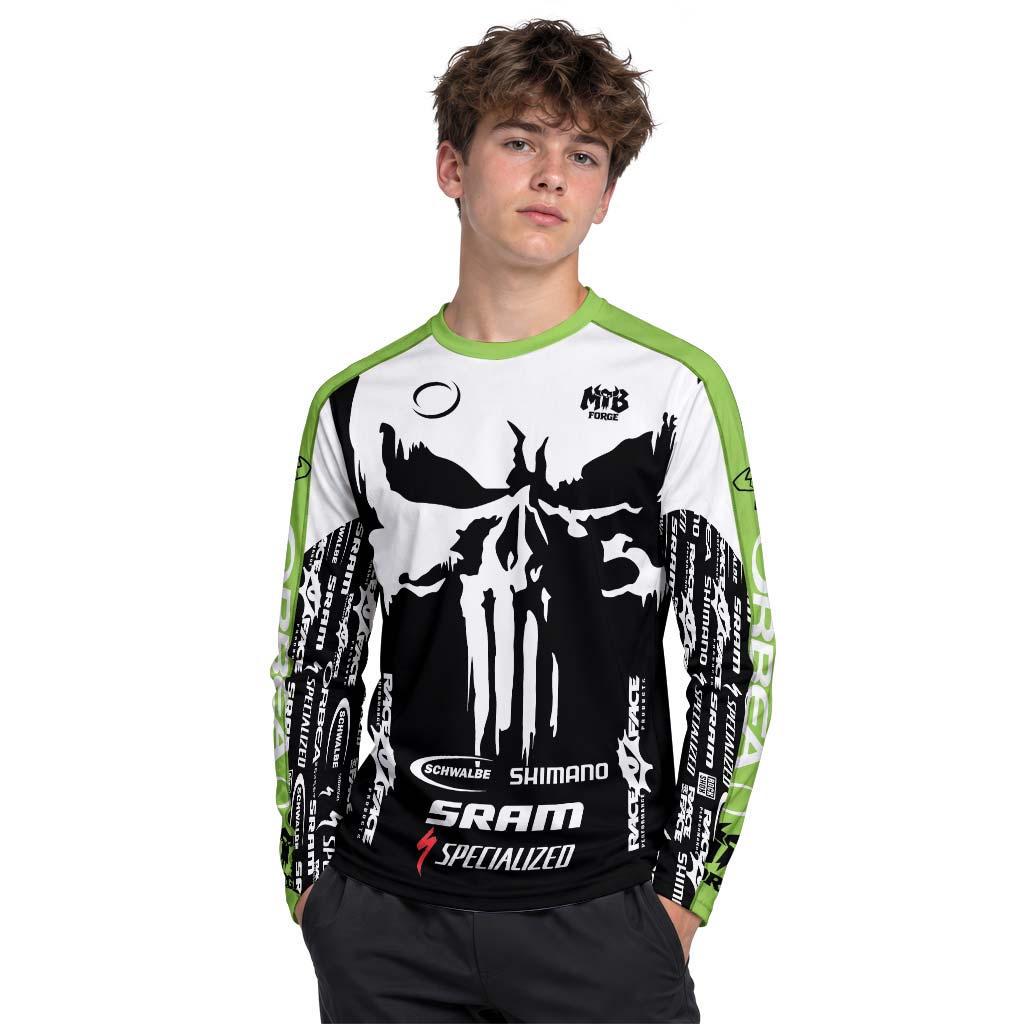 Orbea Skull Black White Green Youth Long Sleeve Mountain Bike Jersey – Boy Lifestyle View