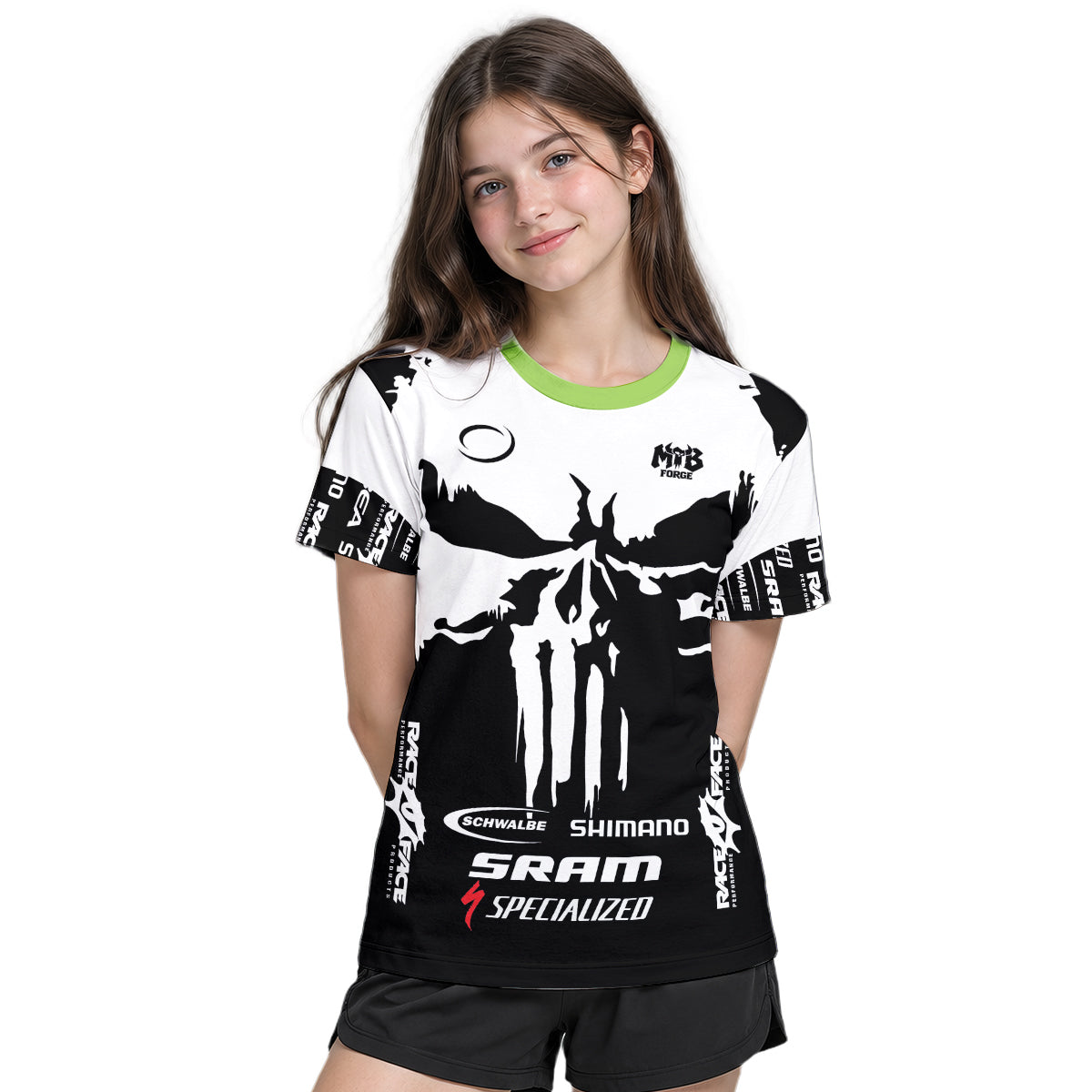Orbea Skull Black White Green Youth Short Sleeve Mountain Bike Jersey – Girl Lifestyle View