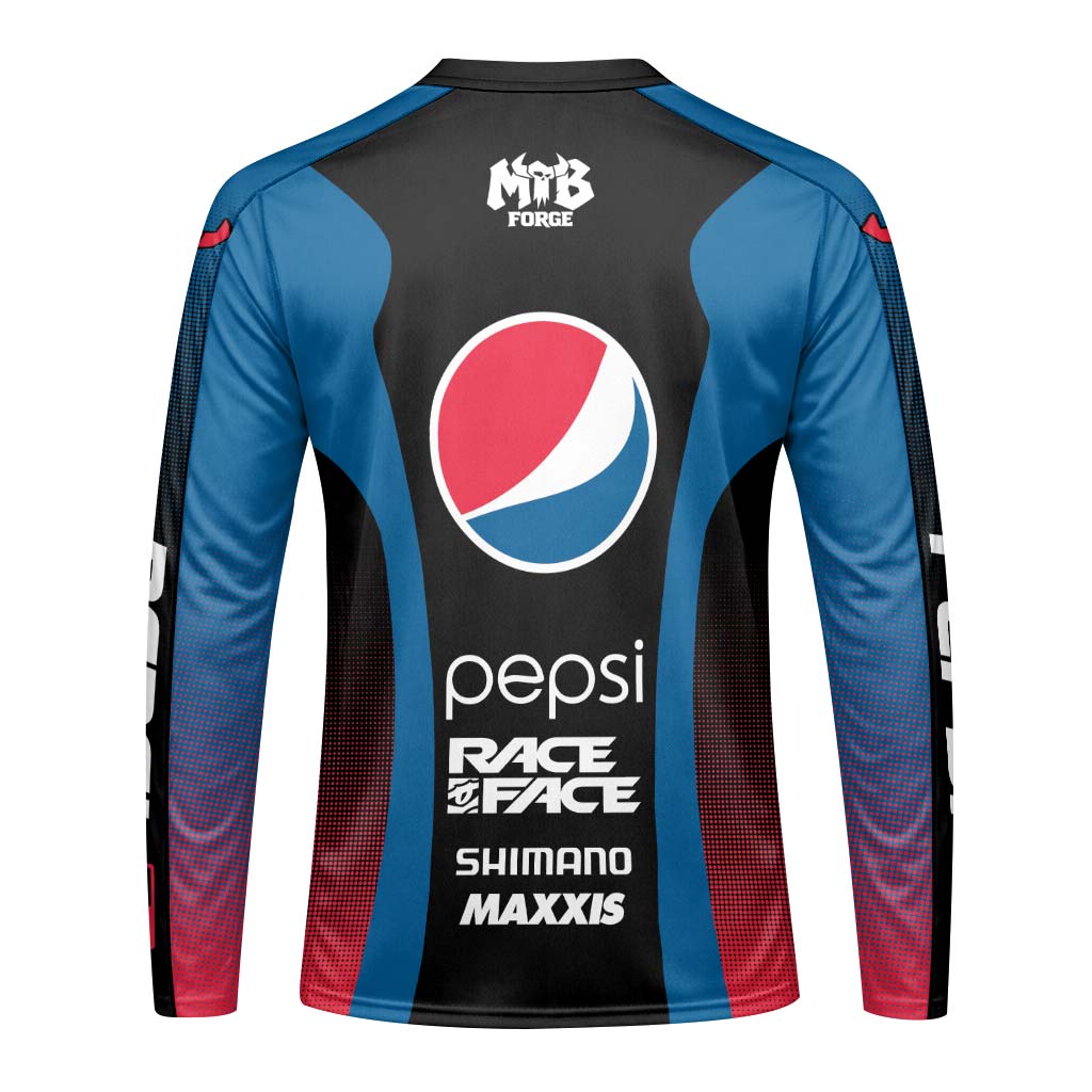 Pepsi Black Blue Red Factory Race Long Sleeve Mountain Bike Jersey – Back View Mockup