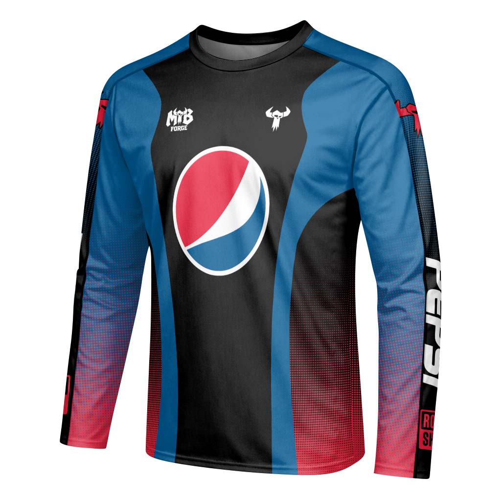 Pepsi Black Blue Red Factory Race Long Sleeve Mountain Bike Jersey – Left Side View Mockup