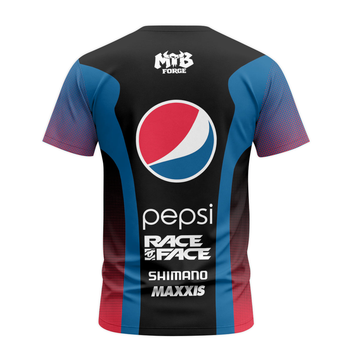 Pepsi Black Blue Red Factory Race Short Sleeve Mountain Bike Jersey – Back View Mockup