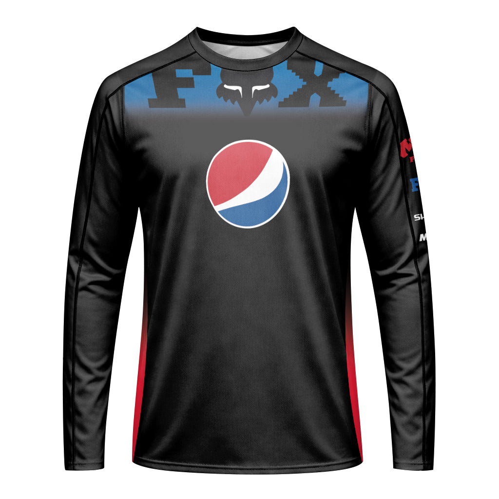 Pepsi Fox Black Blue Long Sleeve Mountain Bike Jersey - front view mockup